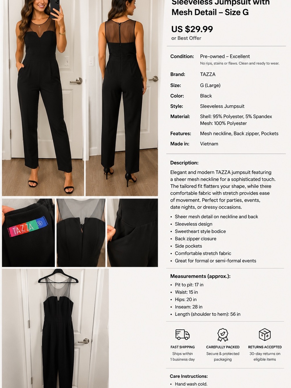 Black Sleeveless Mesh-Detail Jumpsuit